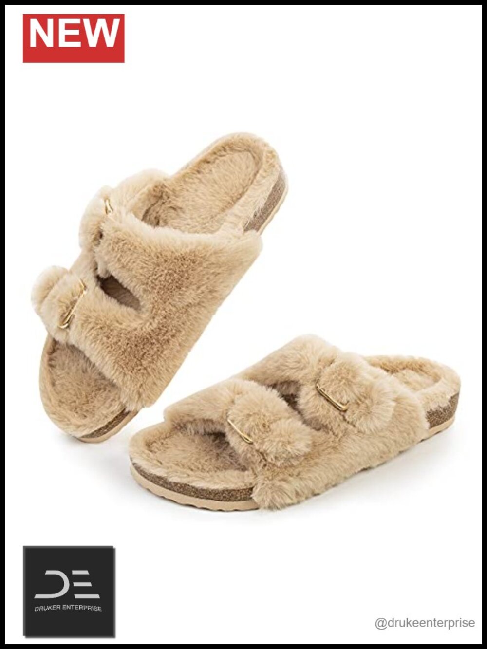 Open Toe Slipper with Cozy Lining, Faux Rabbit Fur Cork Slide Sandals